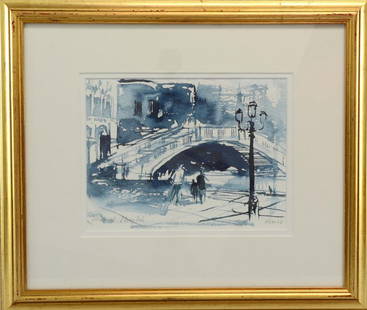 Michael Chaplin RWS - view of the Ponte della Paglia in: Michael Chaplin RWS - view of the Ponte della Paglia in Venice, watercolour, signed in pencil and titled Venice Francis Iles Fine Paintings label verso 7 x 5½in. (18 x 13cm)