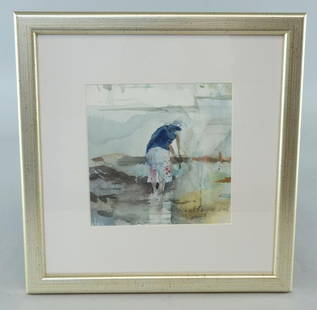 Michael Chaplin - watercolour of a figure titled: Michael Chaplin - watercolour of a figure titled 'Washing', signed Francis Iles Fine Paintings label to verso 5½ x 5in. (13 x 13cm)