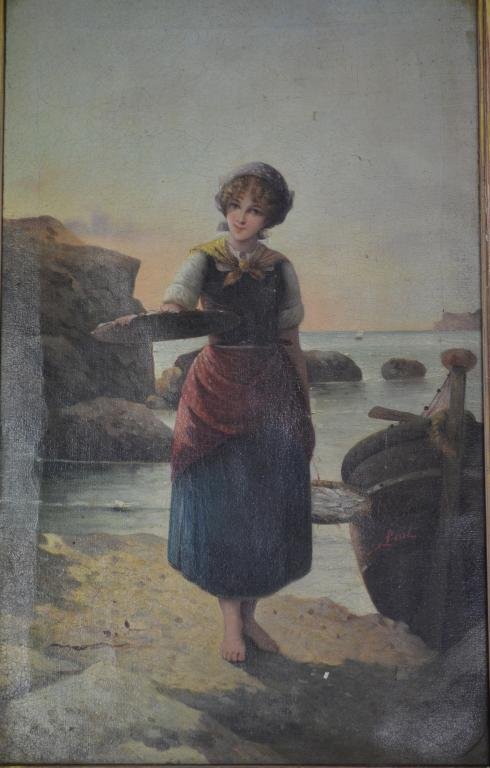 19th century English School, a young women carrying: 19th century English School, a young women carrying fish from a boat indistinctly signed oil on canvas Executor sale; From the collection of a Bournemouth connoisseur collected by him and his father o
