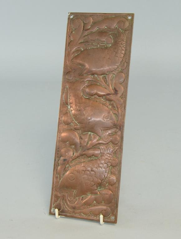 Door plate in copper in the style of John Pearson,: Door plate in copper in the style of John Pearson, unmarked 10.70 x 3.60in. (27 x 9cm)