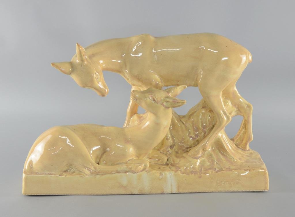 Charles Lemanceau , a large Art Deco figure group of: Charles Lemanceau , a large Art Deco figure group of two deer , signed 1930's 11½ x 18in. (28 x 46cm)