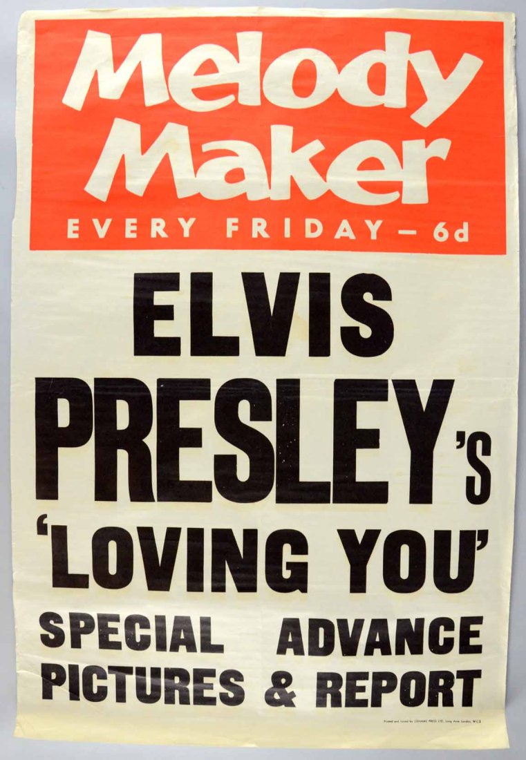 A Melody Maker music poster for Elvis Presley's 'Loving: A Melody Maker music poster for Elvis Presley's 'Loving You' advertising poster, rolled, A 30 x 20in. (76 x 51cm)