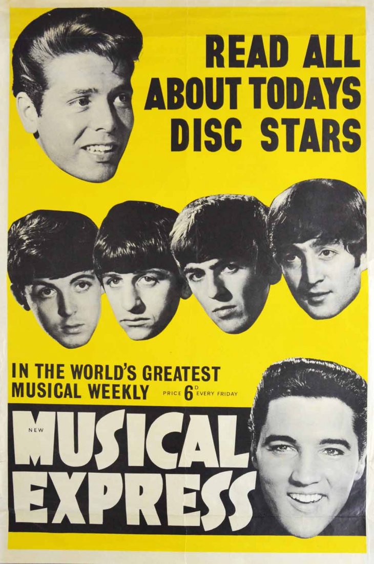 The Beatles, Elvis, Cliff Richard New Musical Express: The Beatles, Elvis, Cliff Richard New Musical Express Promo Poster (NME, 1963) New Musical Express produced this poster to hang in newspaper vendors booths and stands, folded, A 30 x 20in. (76 x 51cm)