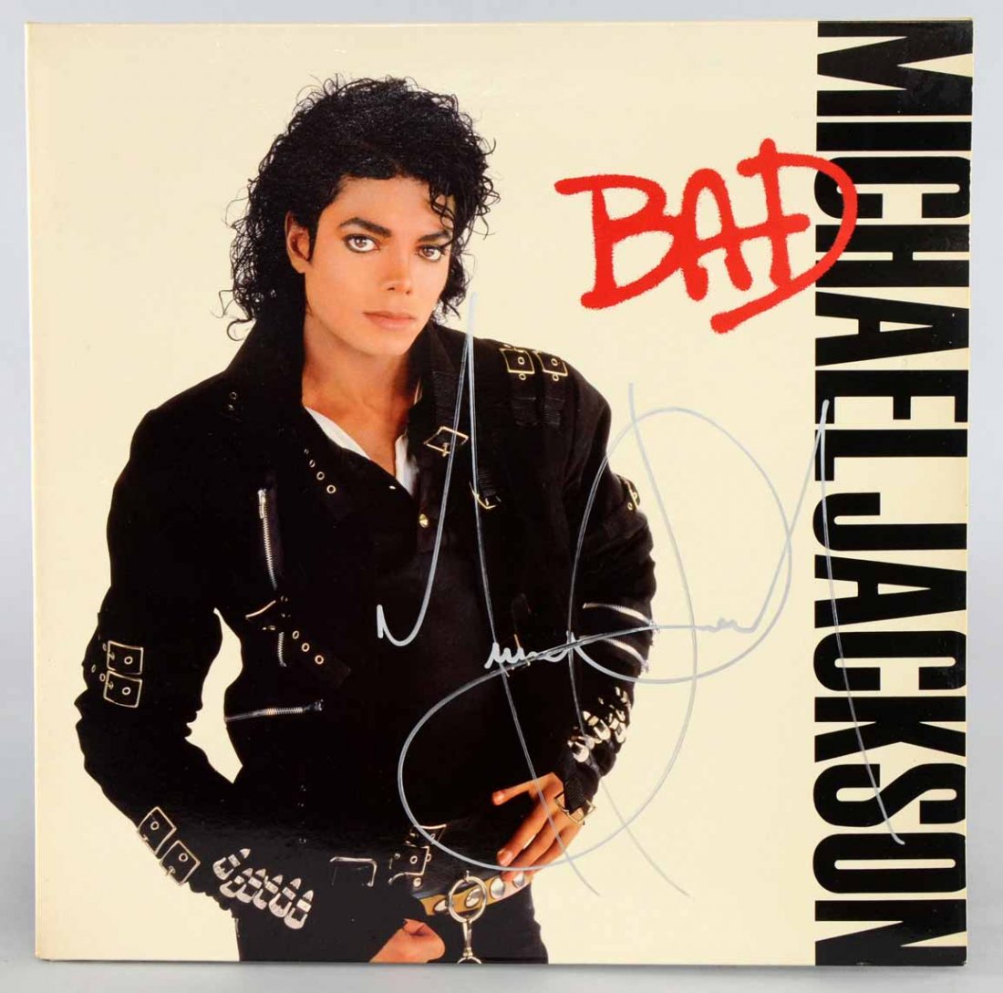 Michael Jackson 'Bad', signed music vinyl LP album to: Michael Jackson 'Bad', signed music vinyl LP album to front cover in silver point Provenance: Michael was obtained in London, 2006.