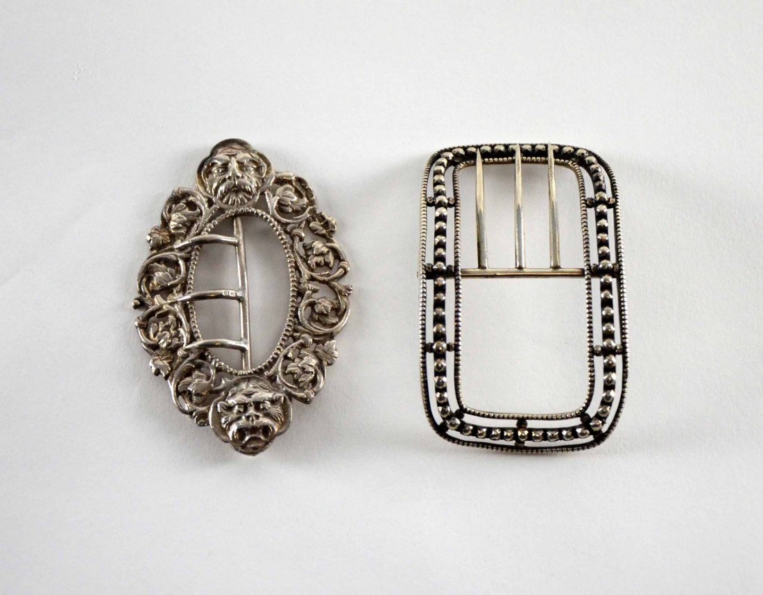 George III silver buckle, John Taylor and a Victorian: George III silver buckle, John Taylor and a Victorian open work oval buckle with mask and foliate detail