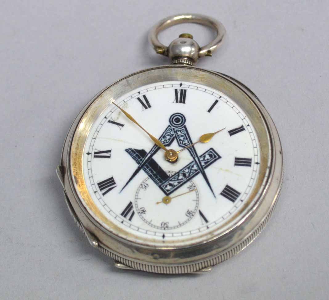 Silver cased pocket wa\tch, the white enamelled dial: Silver cased pocket wa\tch, the white enamelled dial with Roman numerals, subsidiary seconds dial and Masonic emblem, import marks for London, 1912