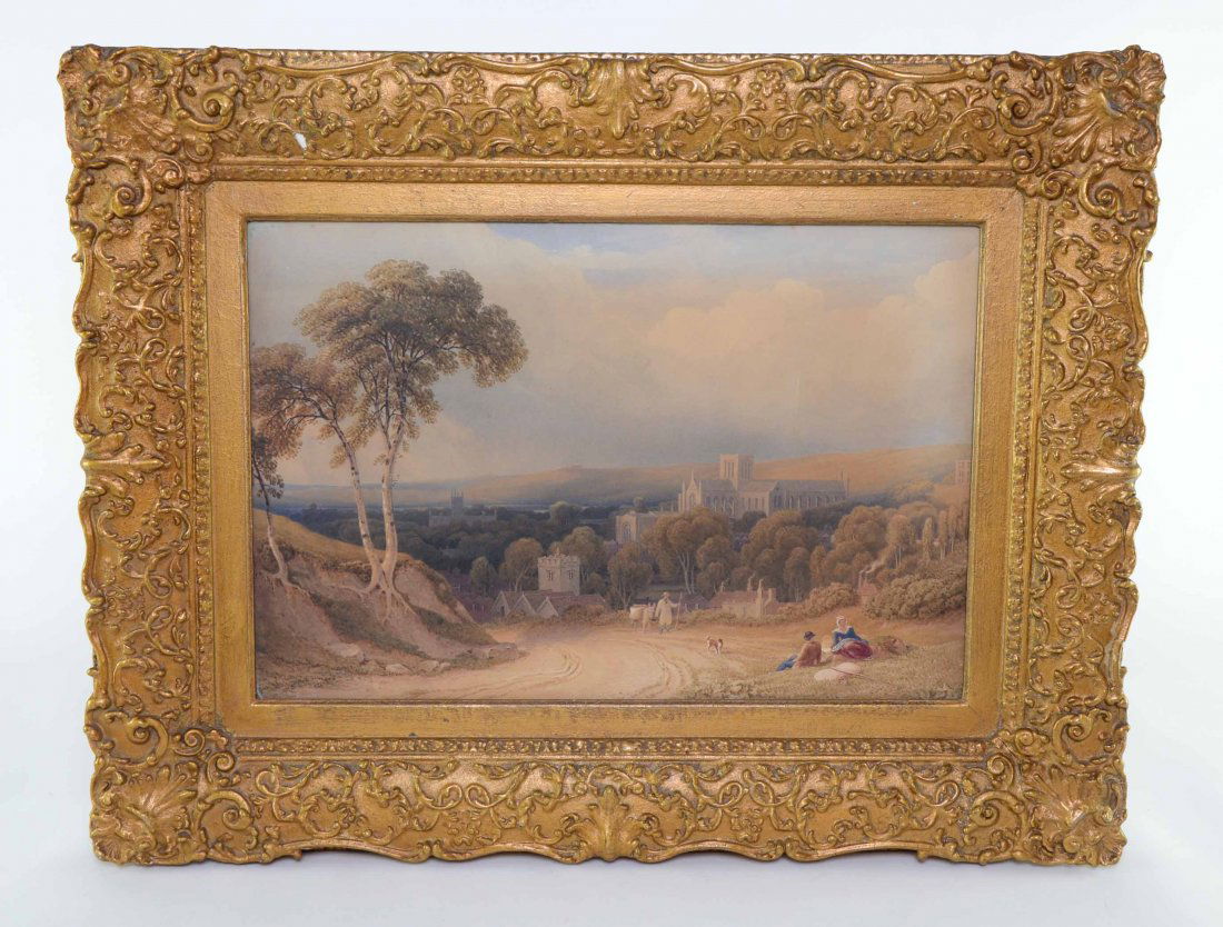 George Fennel Robson (BRITISH, 1788-1833) View on: George Fennel Robson (BRITISH, 1788-1833) View on Winchester Cathedral, unsigned watercolour, label verso 13 x 19in. (33 x 48cm)