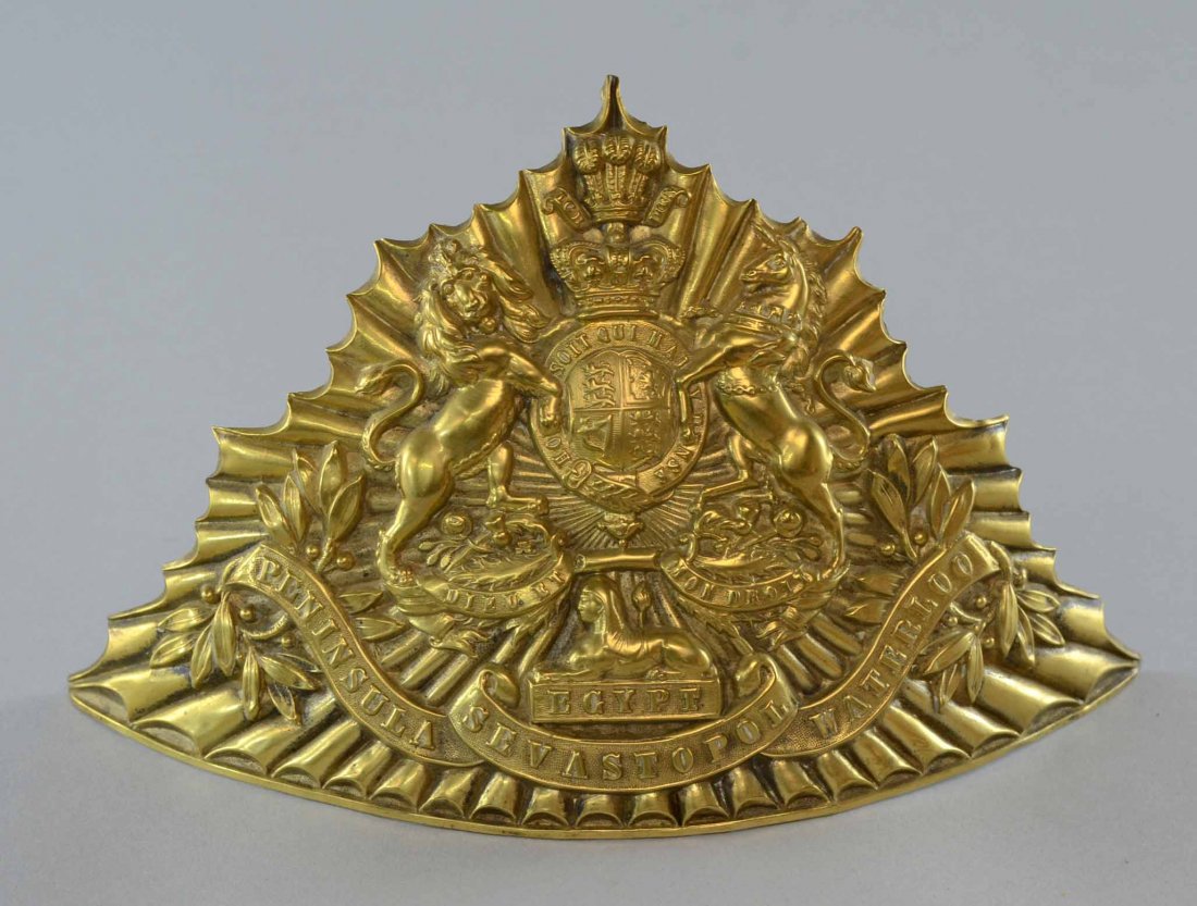 Gilt brass hat badge for the 12th Lancers Prince of: Gilt brass hat badge for the 12th Lancers Prince of Wales Regiment, embossed with Egypt Peninsula Waterloo and Sevastopol