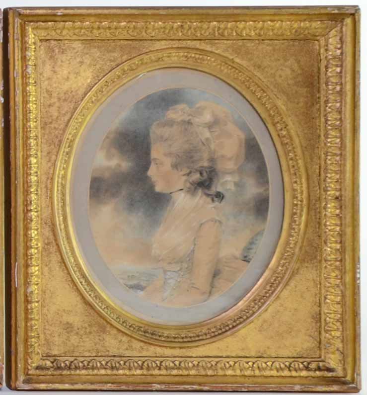 John Downman, a portrait study of Charlotte Monro,: John Downman, a portrait study of Charlotte Monro, watercolour, signed and dated in gilt frame 7½ x 6in. (18 x 15cm)