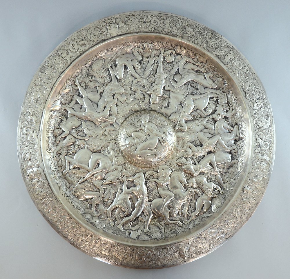 19th century Elkington & Co silver plated charger: 19th century Elkington & Co silver plated charger decorated with Battle of the Amazons, exhibited in the Great Exhibition 1851, with covering letter from the Victoria and Albert Museum , diam 27"