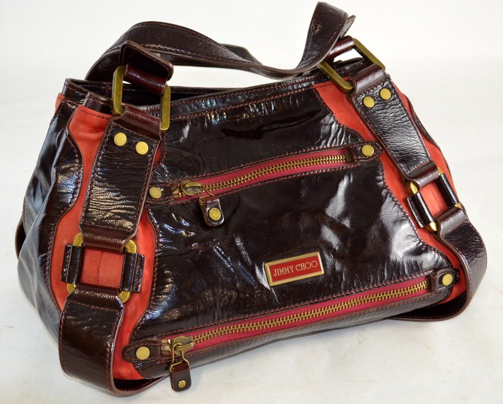 Jimmy Choo vintage two tone leather and suede handbag: Jimmy Choo vintage two tone leather and suede handbag bordeaux and scarlet with brass mounts , 1980's