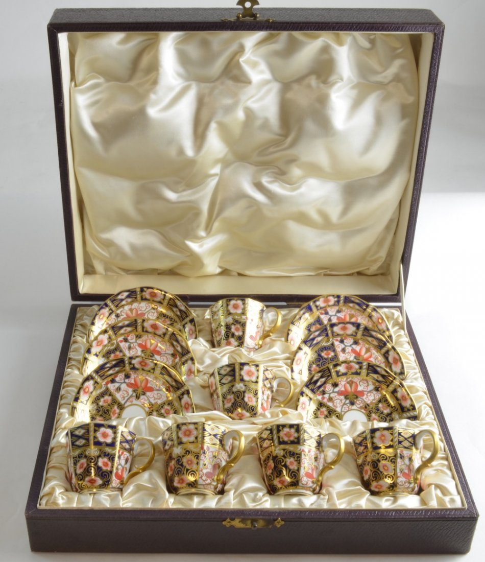 Royal Crown Derby Imari palette, set of six coffee cans: Royal Crown Derby Imari palette, set of six coffee cans and saucers, in fitted case,