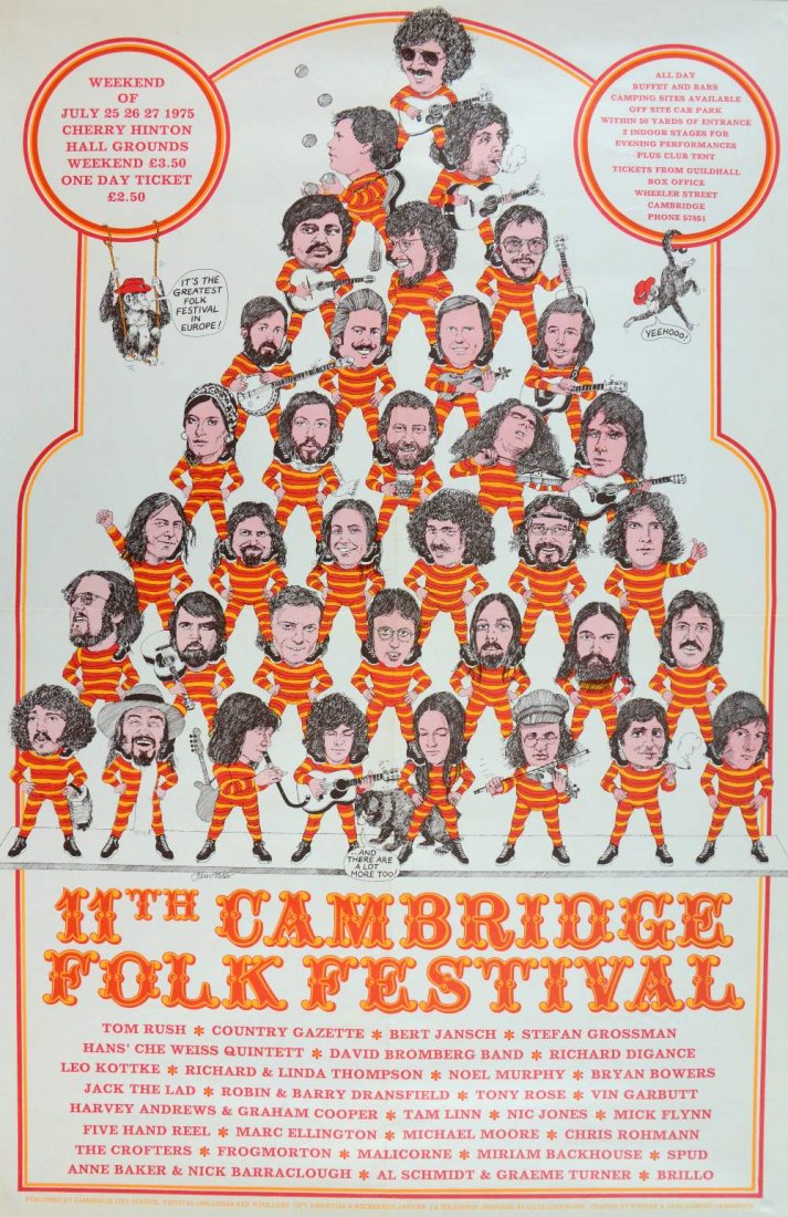 Four original Cambridge folk festival posters 1975, 77,: Four original Cambridge folk festival posters 1975, 77, 80 & 82, including Bert Jansch, Richard & Linda Thompson, Joan Baez, Martin Carthy, Don McLean & others, rolled, A (4) 30 x 20in. (76 x 51cm)