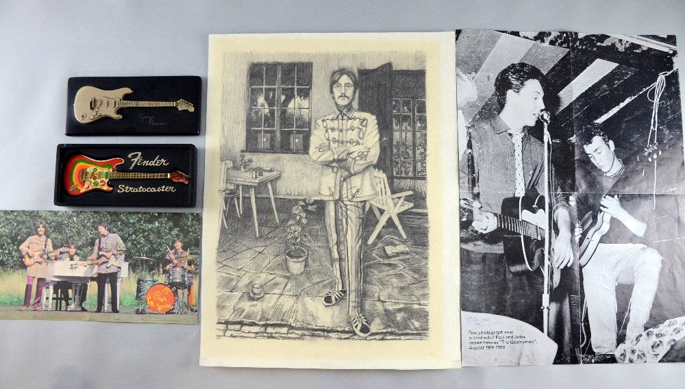 Beatles interest including a pencil drawing by Nicol: Beatles interest including a pencil drawing by Nicol outside his home in Weybridge, a prototype of George Harrison's Fender guitar, made from resin and a poster signed by Sam Leach