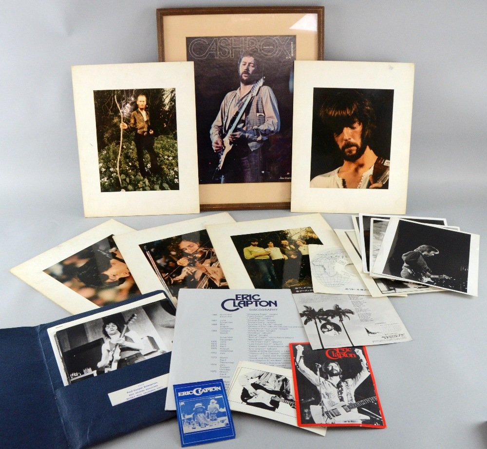 Eric Clapton, a collection of items relating to the: Eric Clapton, a collection of items relating to the English Musician including photographs from Blind Faith, stills by Anthony de Nonno, a framed cashbox newspaper, a presspack from Derek & the Domino