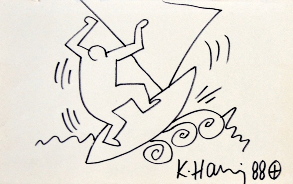Keith Haring (1958-90) Artist and Social Activist, a: Keith Haring (1958-90) Artist and Social Activist, a sketch on paper of a man in a boat, signed K. Haring 88, Provenance: Direct from the artist who the vendor met in New York 5 x 7.80in. (13 x 20cm)