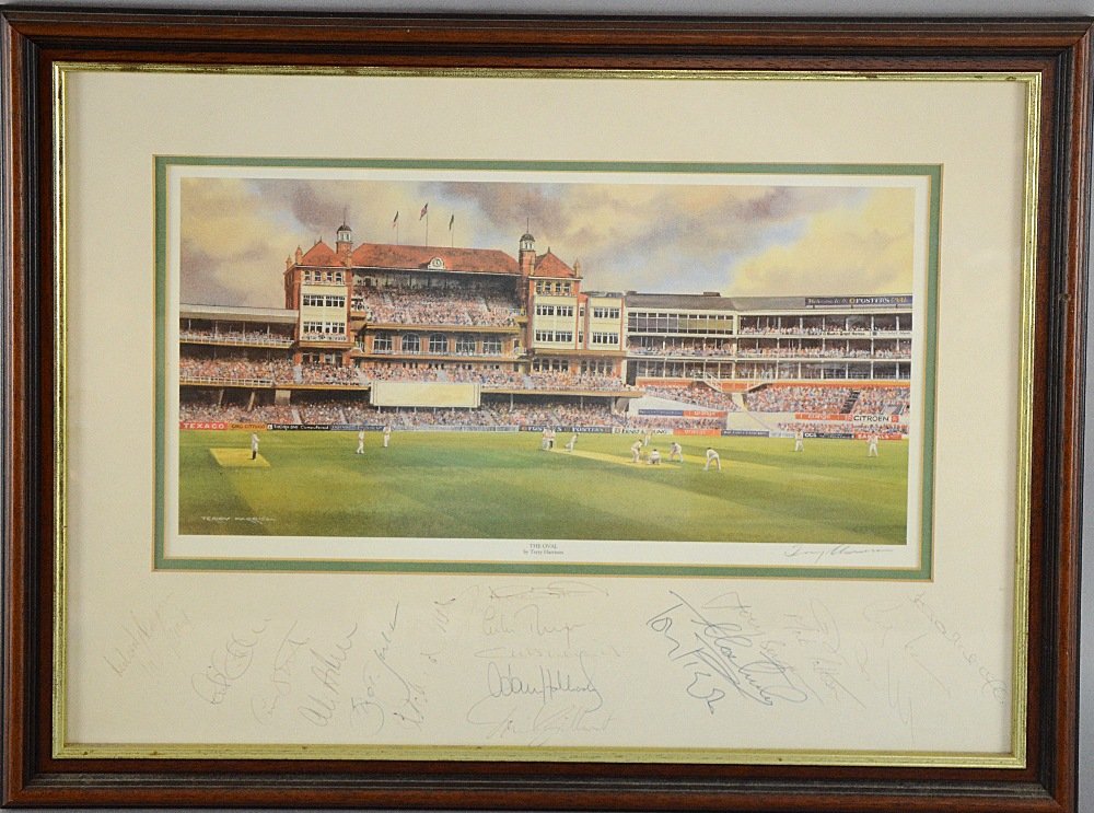 Terry Harrison, a print of the Oval Cricket ground: Terry Harrison, a print of the Oval Cricket ground signed by Terry Harrison & members of the Surrey Team (late 1990's) including Alex Stewart, Graham Thorpe & others 15 x 20½in. (38 x 51cm)