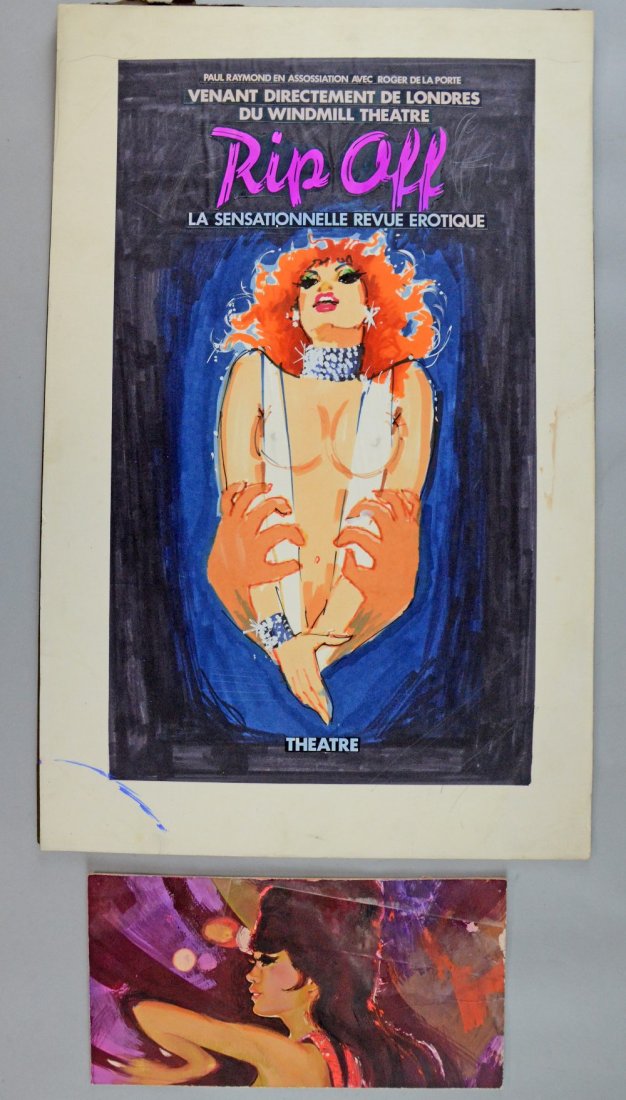 Rip Off (1976) Original painted prototype artwork by: Rip Off (1976) Original painted prototype artwork by cinema poster artist Barrie James for the Paul Raymond burlesque show, plus a smaller piece (2) 25 x 16in. (64 x 41cm)