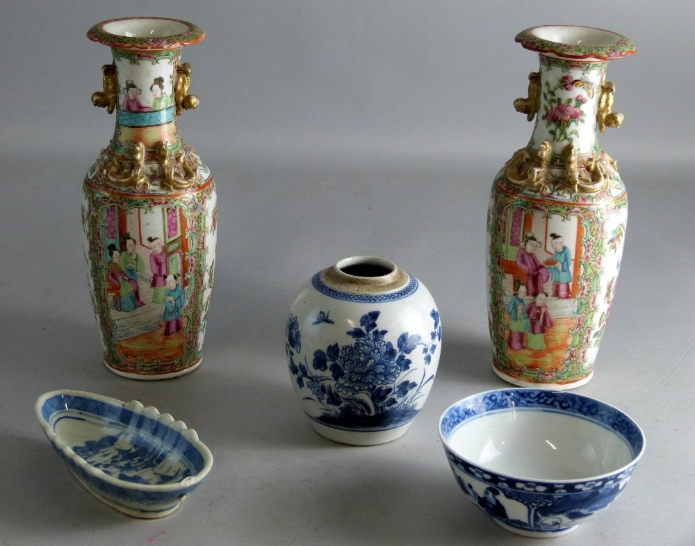 18th century Chinese blue and white ginger jar, 5": 18th century Chinese blue and white ginger jar, 5" high, decorated with peonies, together with other Oriental china, comprising a blue and white bowl, oval dish and a pair of Cantonese vases,