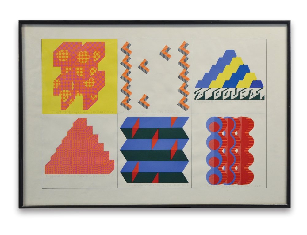 § JOE TILSON, R.A, BRITISH, b. 1928. 'Six Small: § JOE TILSON, R.A, BRITISH, b. 1928. 'Six Small Prints', 1965, screenprinted on the same leaf of paper. Each print titled and signed in pencil: 'T-slot' Artists proof 2/10 Joe Tilson 1965 'Dart' Arti