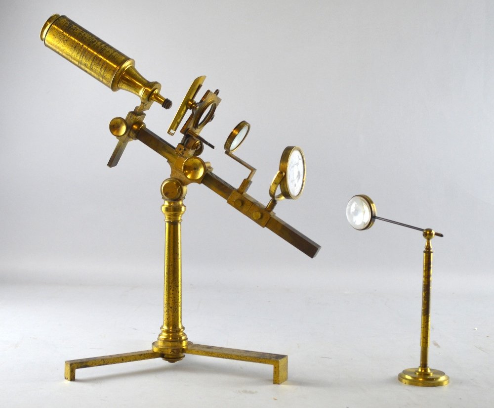 Early 19th century W & S Jones brass adjustable: Early 19th century W & S Jones brass adjustable microscope with folding tripod foot, engraved 'Jones, 30 Holborn London' in mahogany case