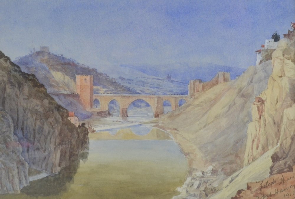 Robert Harvey ( 1871-1912) "Toledo Spain" signed: Robert Harvey ( 1871-1912) "Toledo Spain" signed watercolour dated 1912 Margaret Melville Gallery label verso 7 x 10in. (18 x 25cm)