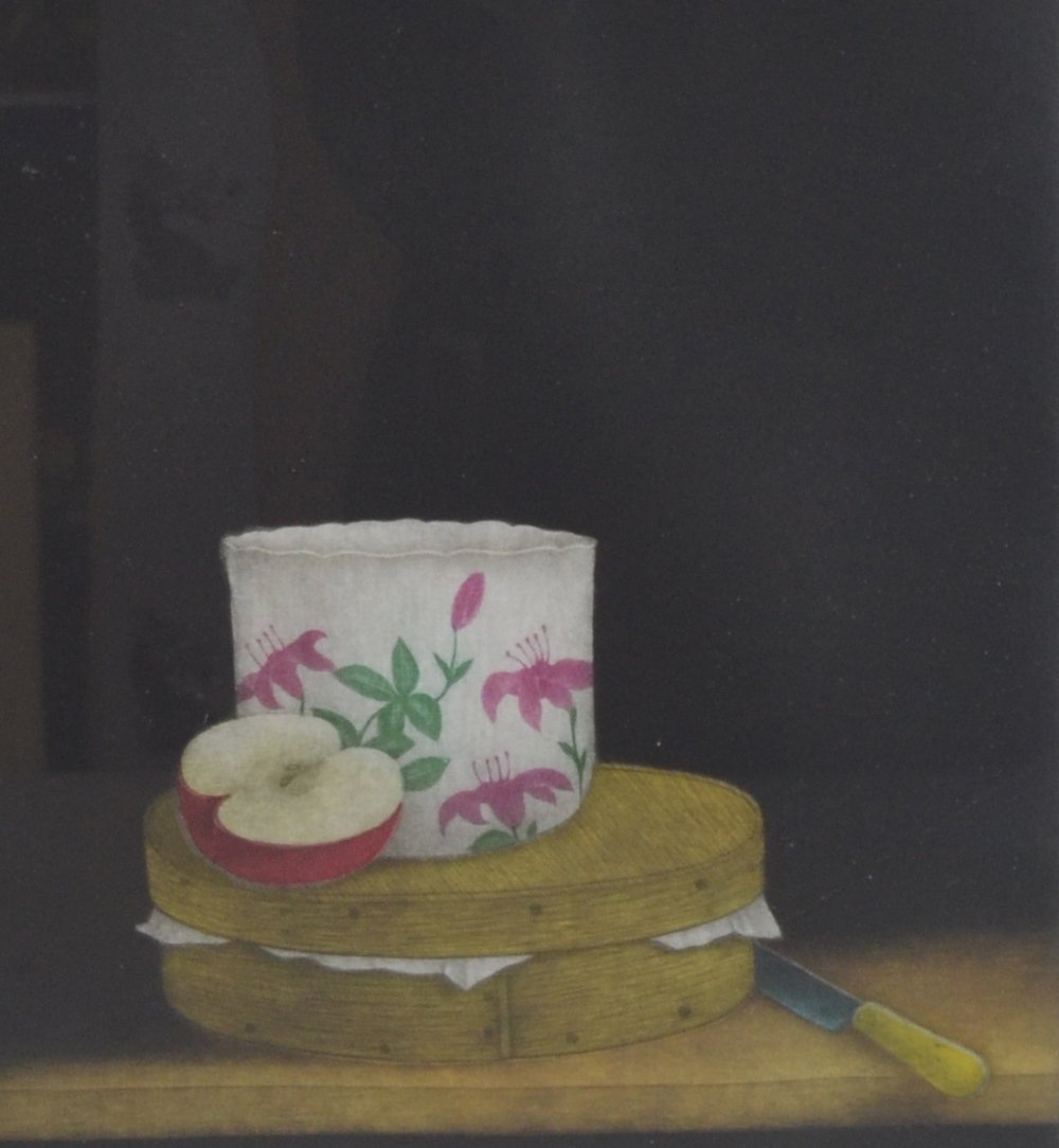 Tomoe Yokoi 'Apple & Cup' limited edition mezzotint: Tomoe Yokoi 'Apple & Cup' limited edition mezzotint 93/100, signed and numbered in pencil, framed 17.5" x 16" 10 x 9½in. (25 x 23cm)