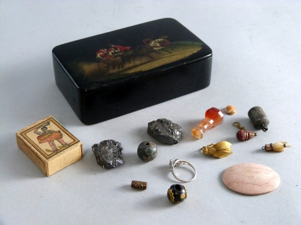 19th century Russian papier mache box decorated with: 19th century Russian papier mache box decorated with figures riding a horse and cart with contents