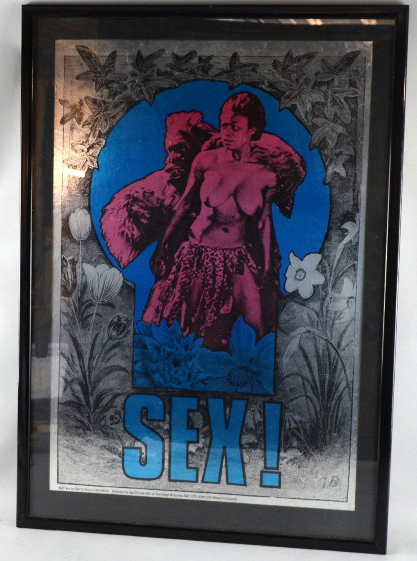 Sex metallic poster by Martin Sharp & King Kong, circa: Sex metallic poster by Martin Sharp & King Kong, circa 1967, published by Big O, printed in London, glazed & framed 29 x 20in. (74 x 51cm)