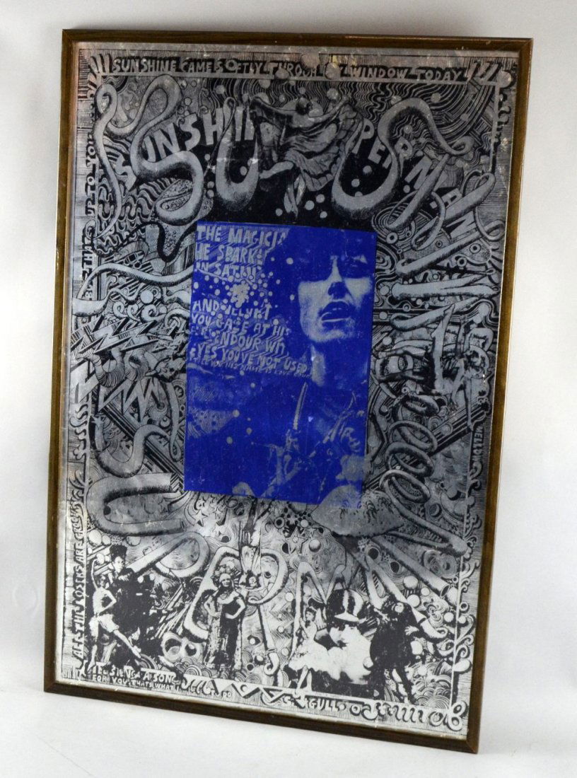 Donovan Sunshine Superman metallic poster by Martin: Donovan Sunshine Superman metallic poster by Martin Sharp, circa 1967, glazed & framed 29½ x 19½in. (74 x 48cm)