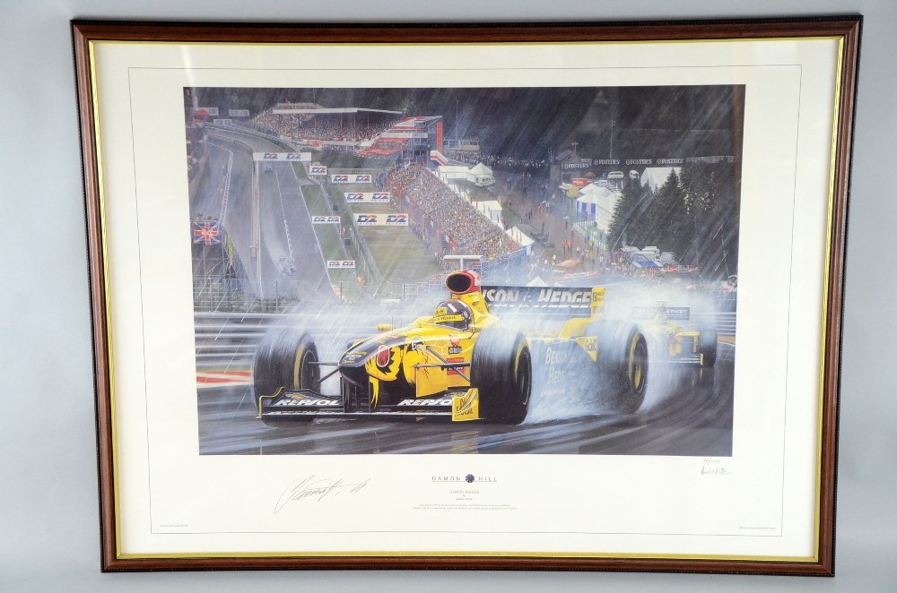 Formula One: 5 limited edition Damon Hills Prints,: Formula One: 5 limited edition Damon Hills Prints, 'Victory Salute' by Tatsu Nakatsu 222/500, 'Farewell From A Champion' by Mike Thompson 823/950, 'Racecars Of A Champion' by Andrew Kitson 332/950, 'D