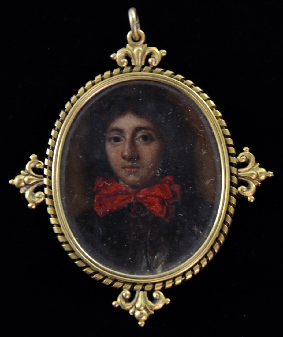 17th Century portrait miniature on copper of a young: 17th Century portrait miniature on copper of a young man wearing a red bow tie in gold plated frame 2in. (5cm)