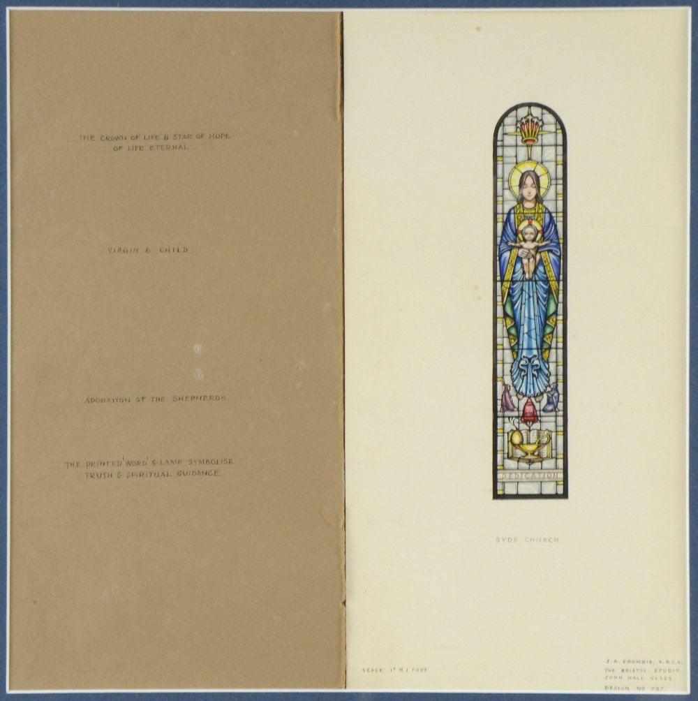 J. A. Crombie ARCA, stained glass window design for: J. A. Crombie ARCA, stained glass window design for Syde church, Gloucestershire depicting the Virgin & Child, ink and watercolour, designed for the Bristol Studio of John Hall Glass, design no. 737,
