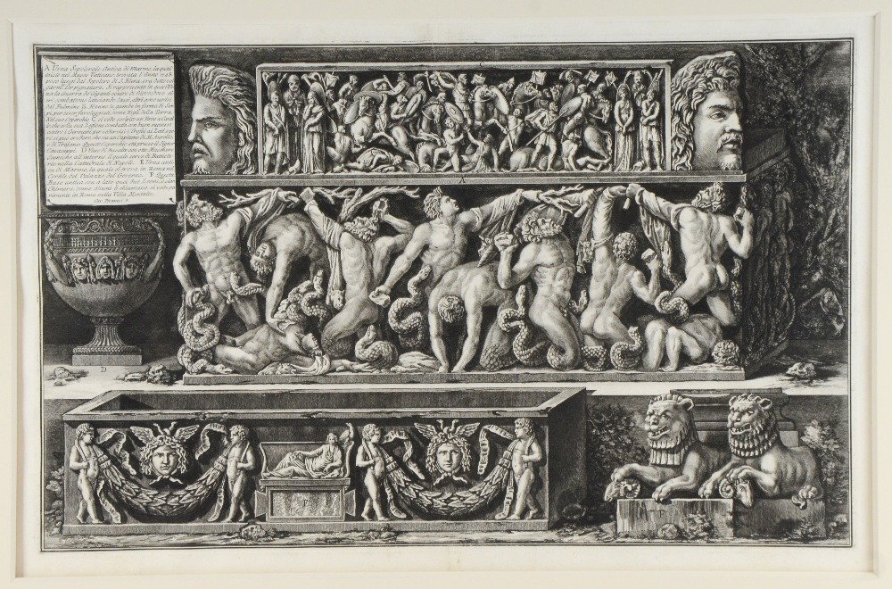 Francesco Piranesi 18th century dry point etching of a: Francesco Piranesi 18th century dry point etching of a classical carved frieze with annotation, 18 x 27in. (46 x 69cm)