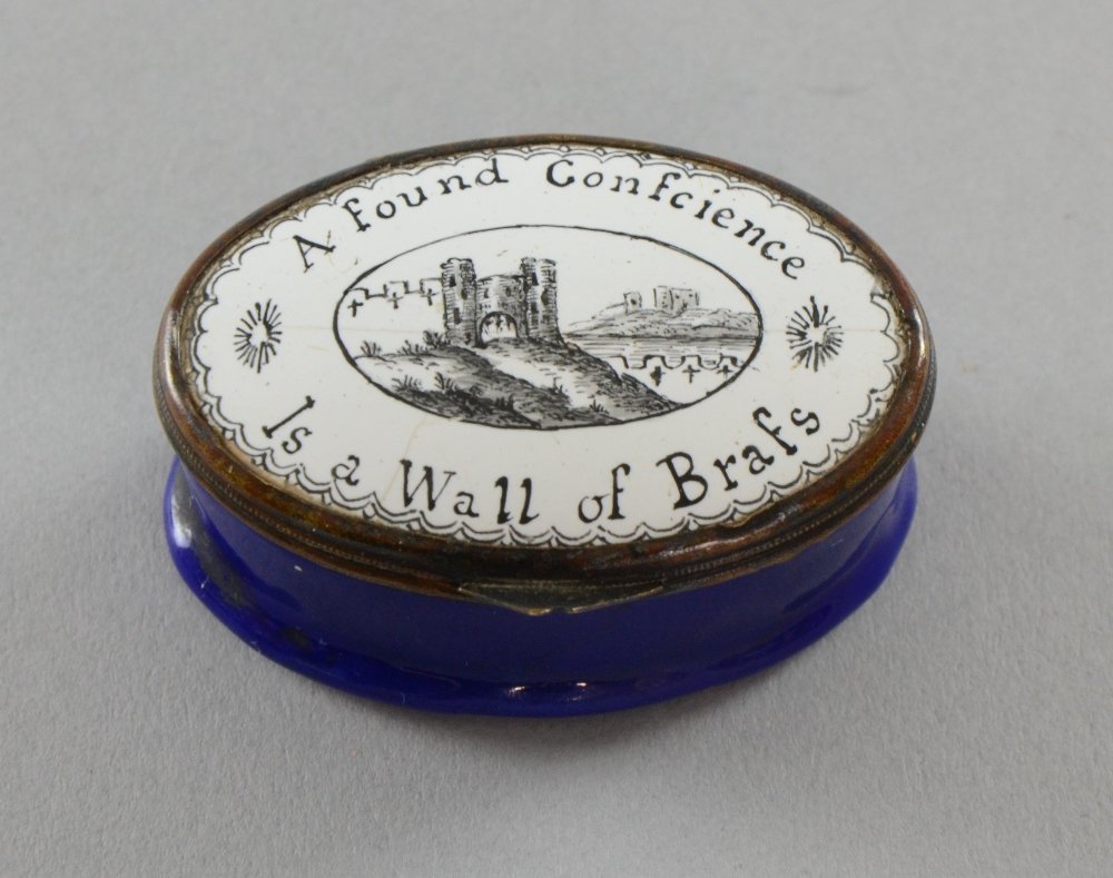 Bilston enamels late 18th century patch box, black and: Bilston enamels late 18th century patch box, black and white scene of a hill top castle and motto ' A sound conscience is a wall of brass' 1.80in. (5cm)
