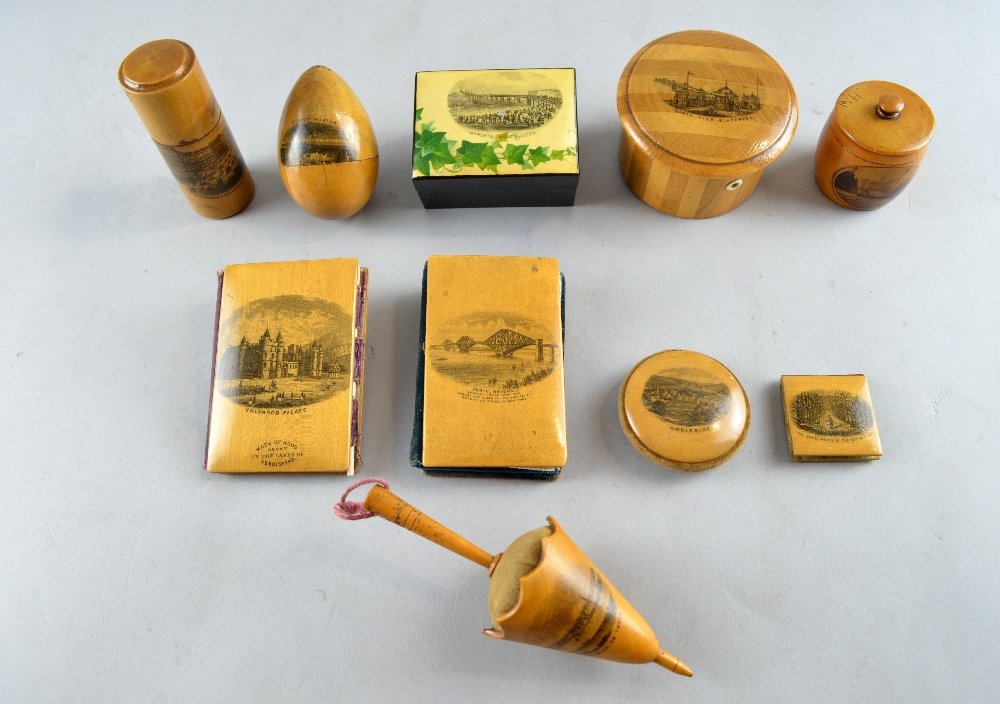 A group of mauchlin ware sewing related items,: A group of mauchlin ware sewing related items, including an unusual umbrella pin cushion needle cases and a string box