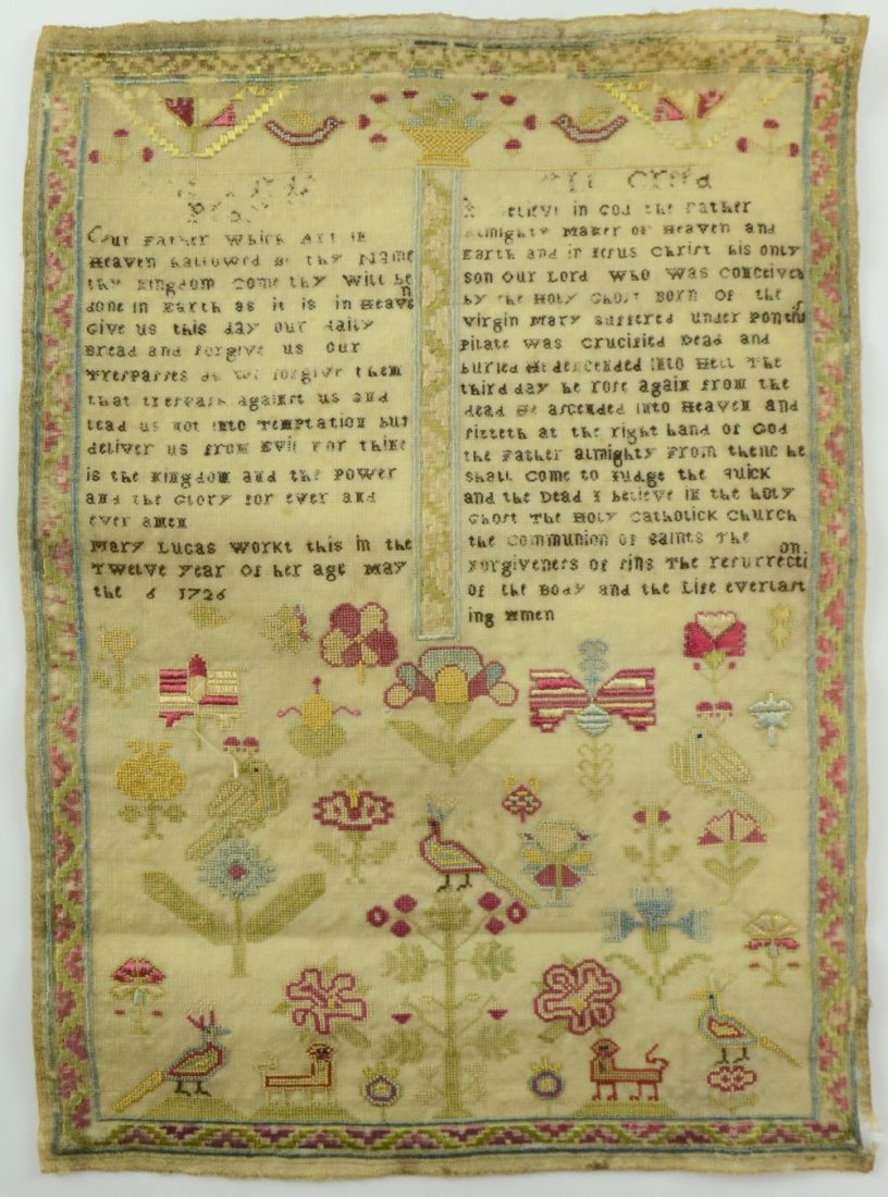 An unusual 18th sampler with The Lords Prayer and The: An unusual 18th sampler with The Lords Prayer and The Creed and embroidered decoration of birds insects and animals ' Mary Lucas workt this in the twelve year of her age may the 6 1726 ' PROVENANCE: F