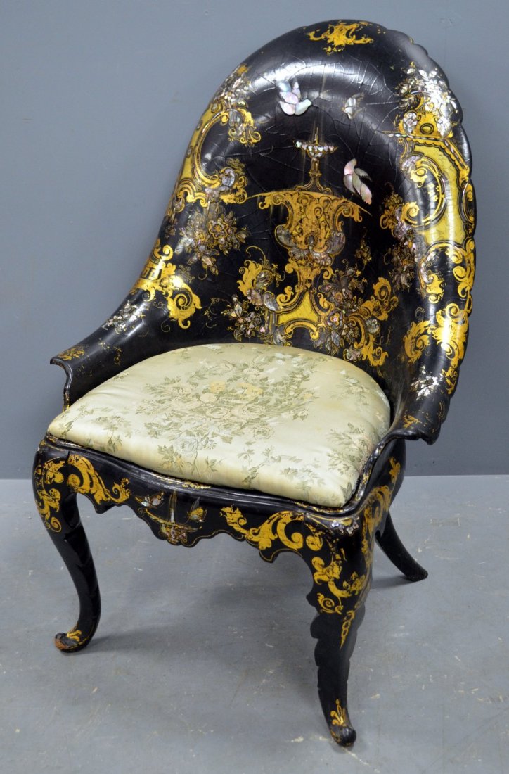 Jennens & Bettridge papier mache black lacquered, gilt: Jennens & Bettridge papier mache black lacquered, gilt and mother of pearl decorated armchair on carved cabriole legs