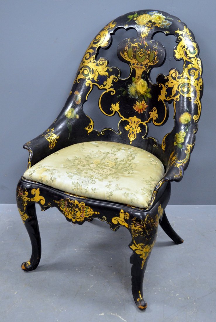 Jennens & Bettridge papier mache black lacquered, gilt: Jennens & Bettridge papier mache black lacquered, gilt and painted armchair on carved cabriole legs