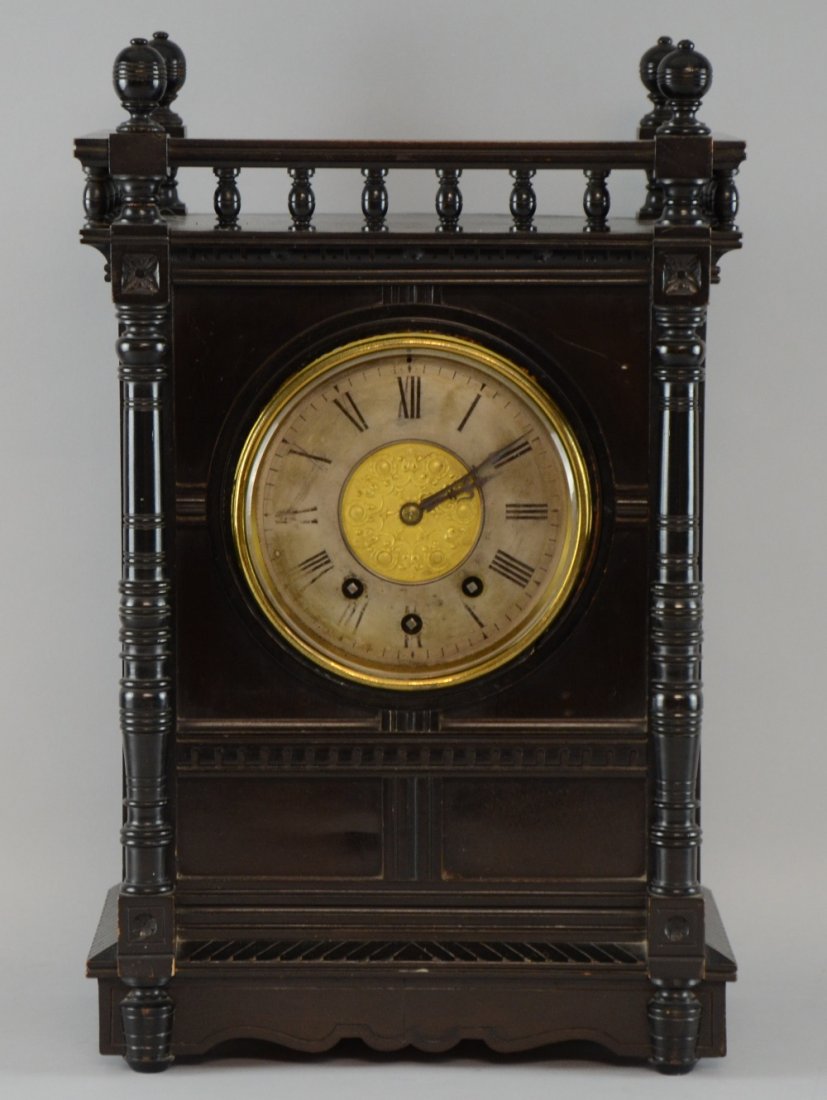 Aesthetic movement, ebonized mantel clock with triple: Aesthetic movement, ebonized mantel clock with triple train four barrel movement , striking on six bells
