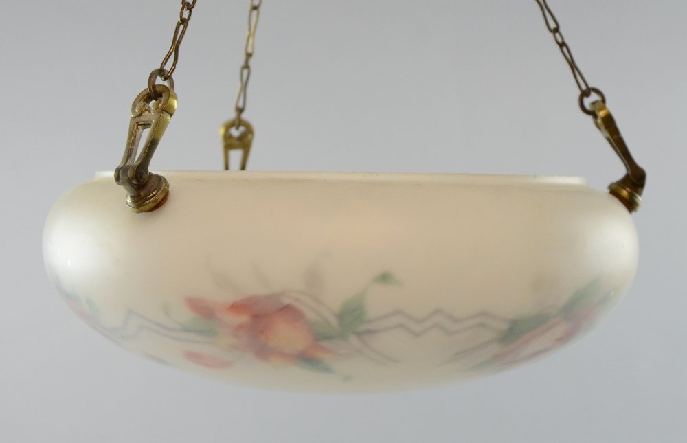 Art Deco ceiling light with interior painting of: Art Deco ceiling light with interior painting of flowers with bronze and metal fittings and ceiling rose