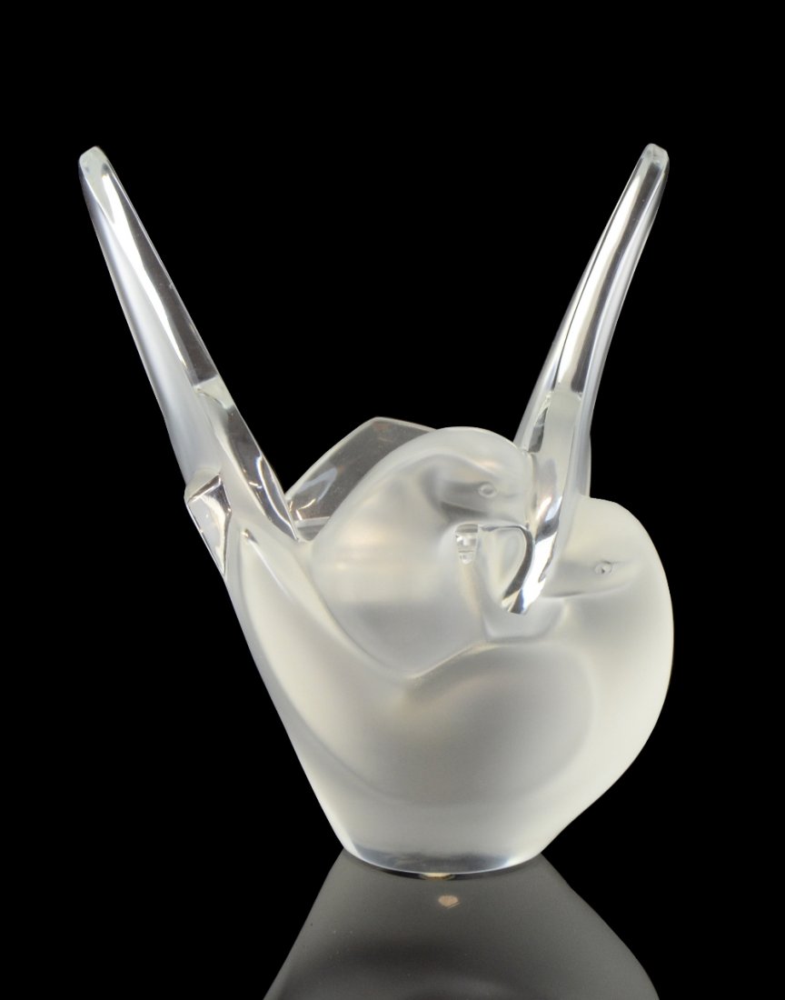 Lalique frosted glass vase in the form of two birds,