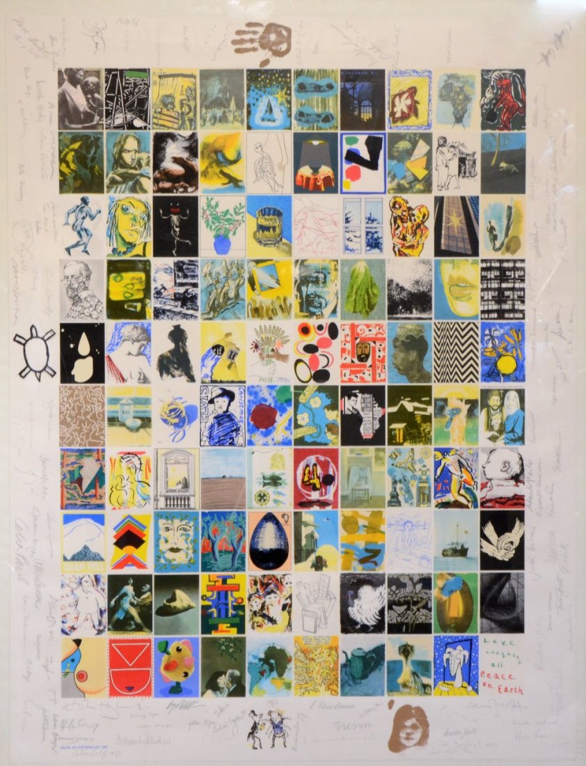 Visual aid for Band Aid 1985, 181/500, 104 images: § Visual aid for Band Aid 1985, 181/500, 104 images signed by artists including Patrick Hughes, Ken Kiff, Terry Frost, Coriander Studios, framed ARR (Artist Resale Right) is additionally payable on t