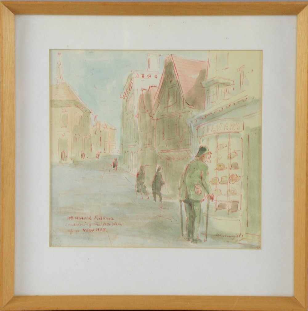 Sir John Verney, pen and ink cartoon, 'Mr Harold: Sir John Verney, pen and ink cartoon, 'Mr Harold Falkner considering the problem of a new hat' signed, dated and annotated in pen, New Ash Gallery label verso 8 x 8in. (20 x 20cm)