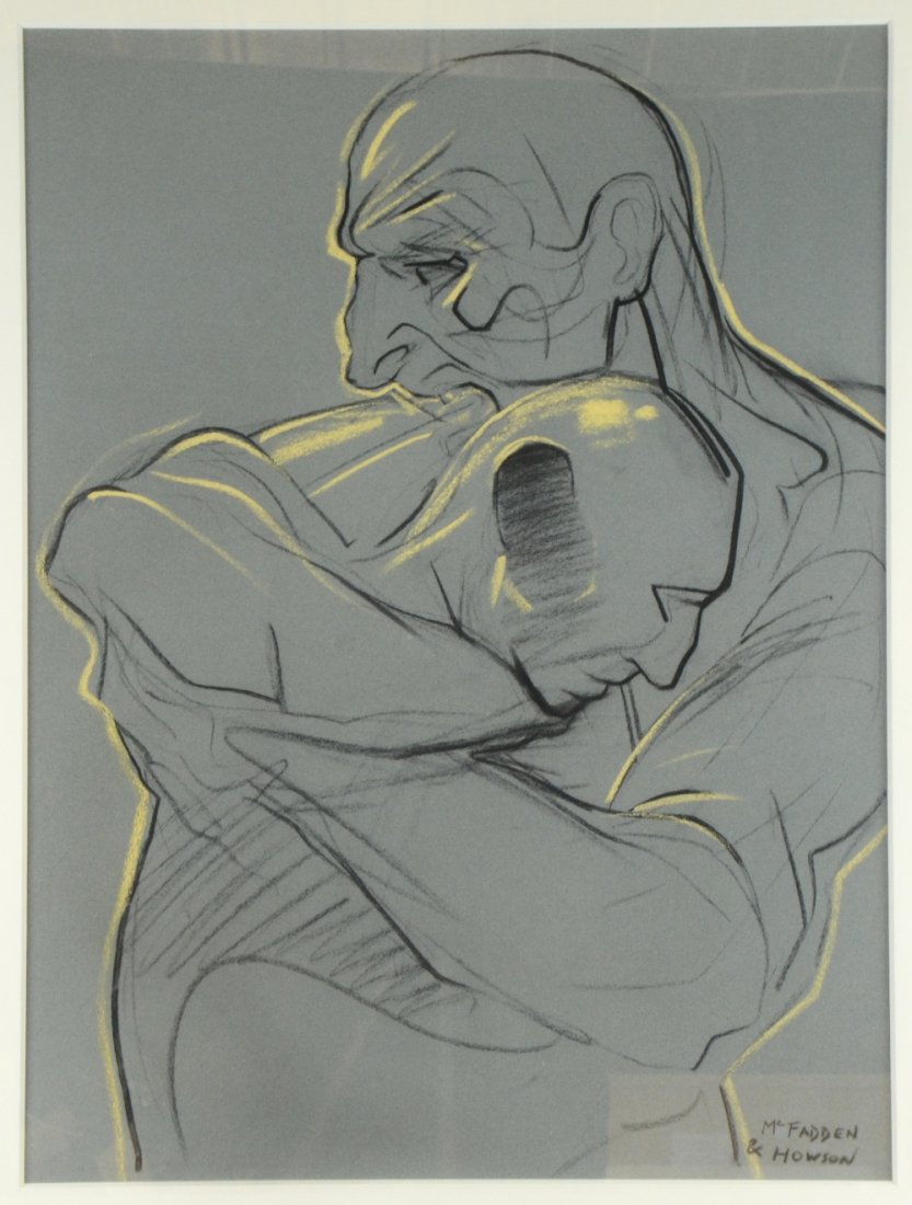 Peter Howson OBE & Frank McFadden 'The Master and His: § Peter Howson OBE & Frank McFadden 'The Master and His Apprentice' conte and pastel, signed by both artists, framed 32" x 25" ARR (Artist Resale Right) is additionally payable on this lot. Please vi