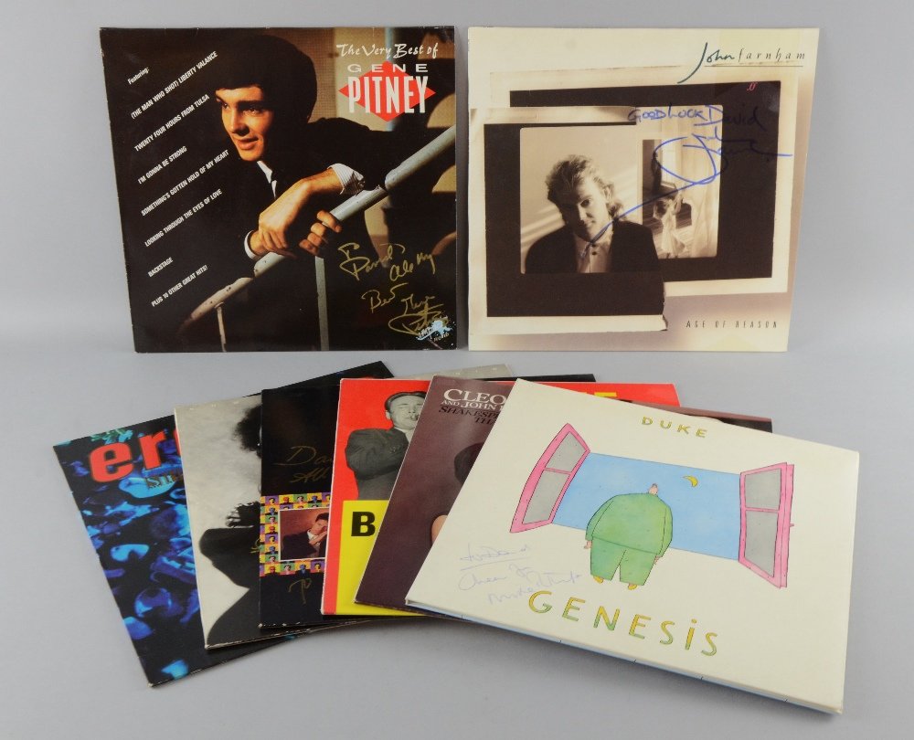 Popular Music - Eight signed vinyl LPs to the front: Popular Music - Eight signed vinyl LPs to the front cover including Gene Pitney, John Farnham, Genesis, Barber and Bilk, Cleo Laine & John Dankworth, Level 42, Randy Crawford & Erasure, most deicated