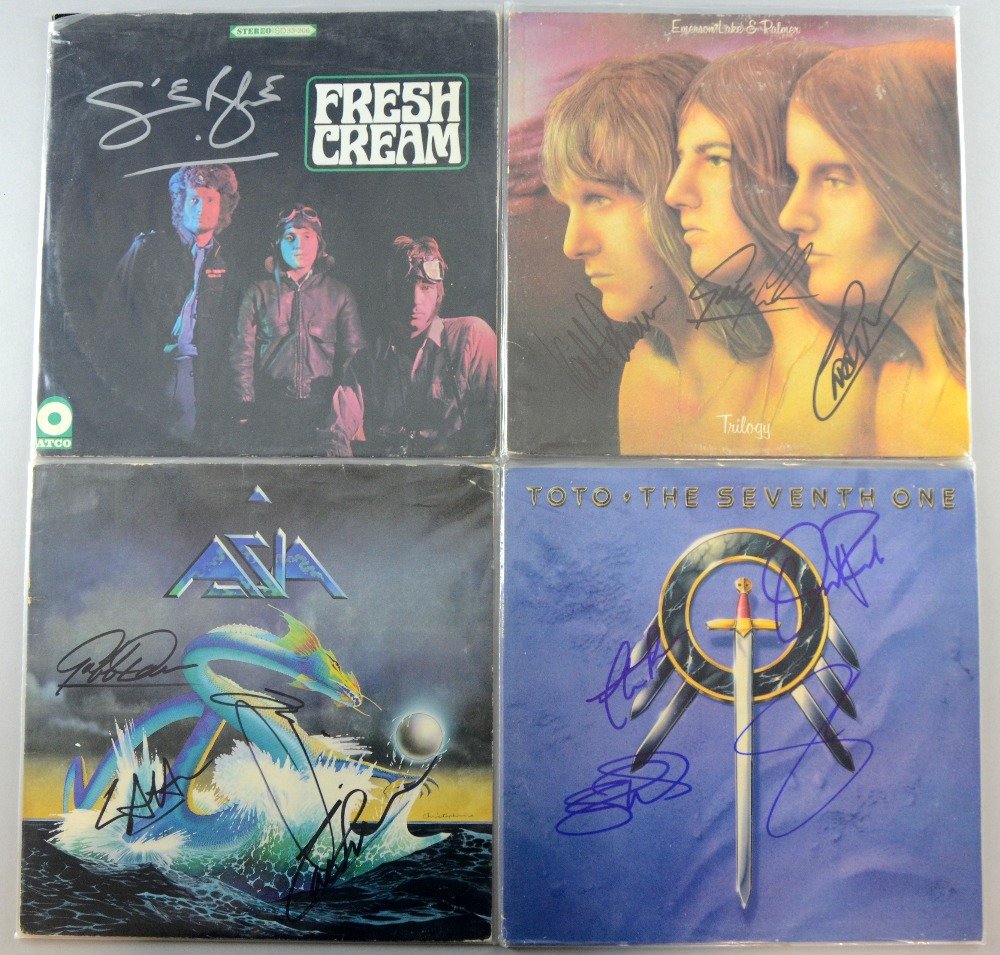 Four LP album covers all signed on the front including: Four LP album covers all signed on the front including Toto The Seventh One, Asia, Fresh Cream Ginger Baker & Emerson Lake & Palmer Trilogy (4)