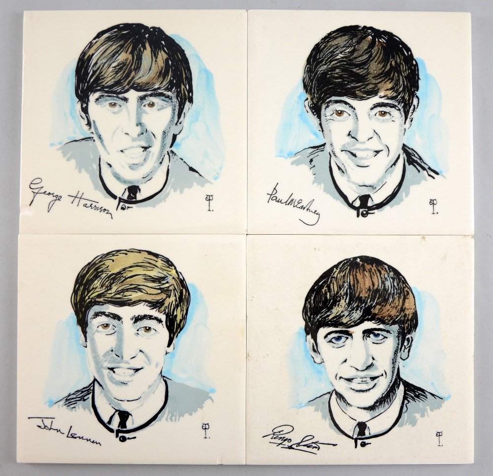 The Beatles an original set of 4 Dorincourt Tiles from: The Beatles an original set of 4 Dorincourt Tiles from 1964, each featuring an individual image of John, Paul, Ringo & George, the back of each tile is printed with the text 'These tiles are produced 
