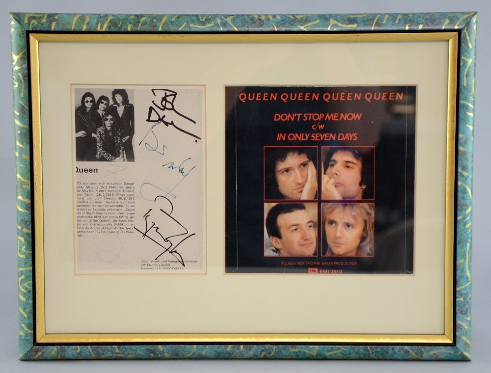 Queen, a promotional page signed by all four members of: Queen, a promotional page signed by all four members of the band, Freddie Mercury, Brian May, John Deacon & Roger Taylor, with a sleeve for 'Don't Stop Me Now', in a presentation framed display Proven