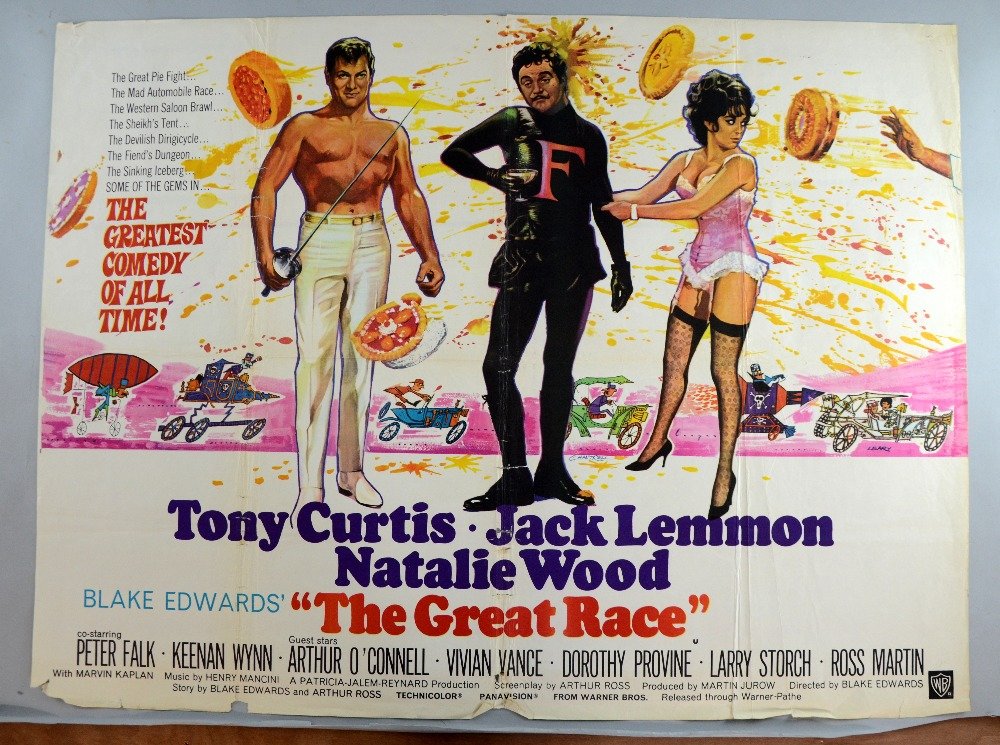 The Great Race (1965) British Quad film poster, comedy: The Great Race (1965) British Quad film poster, comedy starring Tony Curtis, Natalie Wood & Jack Lemmon, artwork by Tom Chantrell & Colin Leary, Warner Bros, folded